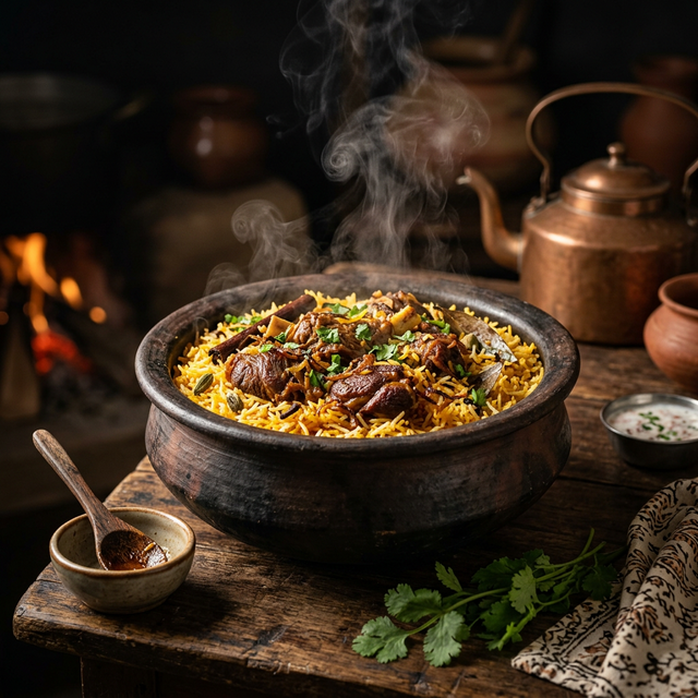 Traditional Dum cooking setup in clay pots